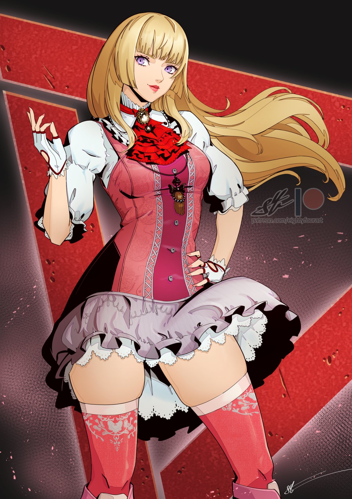 1girl blonde_hair boots breasts dress eightyfourart fingerless_gloves frills gloves highres knee_boots lili_(tekken) long_hair looking_at_viewer smile tekken tekken_8 thighhighs