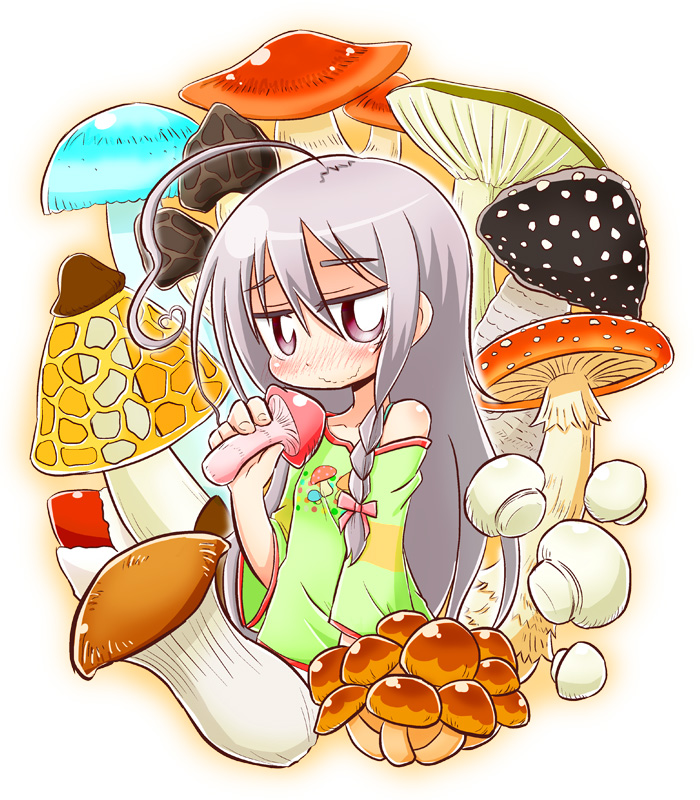 1girl ahoge bare_shoulders blush bow braid chibi closed_mouth collarbone commentary_request food green_shirt grey_hair hair_between_eyes hair_bow hand_up holding holding_food hoshi_syoko idolmaster idolmaster_cinderella_girls long_hair long_sleeves looking_at_viewer mushroom naga_u nervous_smile nose_blush off_shoulder pink_bow plant_request purple_eyes shirt single_braid smile solo upper_body very_long_hair wavy_mouth white_background wide_sleeves