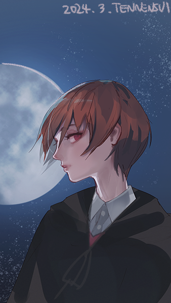 1girl androgynous black_cloak brown_hair cloak collared_shirt dated expressionless full_body kagura_izumi looking_at_viewer night night_sky profile red_eyes shirt short_hair sky solo tennensui_(alicesoft) upper_body yoru_ga_kuru!