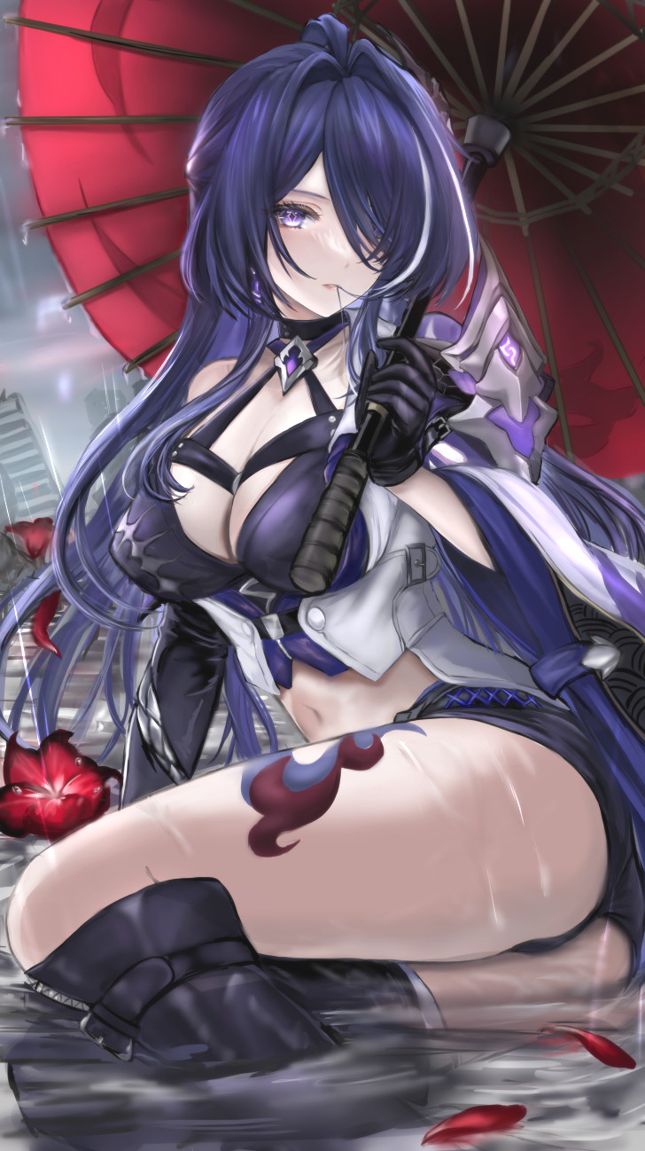 1girl acheron_(honkai:_star_rail) armor ass asymmetrical_legwear black_footwear black_gloves black_shorts breasts cleavage coat flower gloves hair_in_own_mouth hair_over_one_eye head_tilt highres honkai:_star_rail honkai_(series) kvyv5778 large_breasts leg_tattoo looking_at_viewer midriff multicolored_hair navel oil-paper_umbrella parted_lips purple_eyes purple_hair rain red_flower red_umbrella shorts shoulder_armor single_bare_shoulder sitting solo streaked_hair tattoo thighs umbrella water wet white_coat