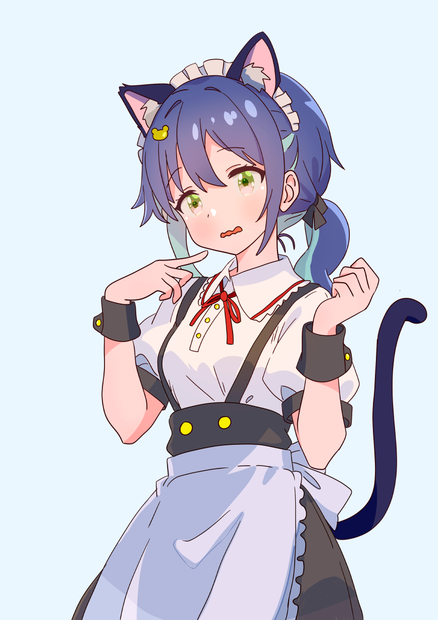 1girl alternate_costume animal_ear_fluff animal_ears apron aqua_hair black_skirt blue_background blue_hair cat_ears cat_tail commentary embarrassed enmaided green_eyes hair_between_eyes hair_ornament hairclip highres long_hair looking_at_viewer maid maid_headdress multicolored_hair onii-chan_wa_oshimai! open_mouth pa_panahana ponytail puffy_short_sleeves puffy_sleeves shirt short_sleeves simple_background skirt solo suspender_skirt suspenders tail tenkawa_nayuta two-tone_hair waist_apron wavy_mouth white_apron white_shirt wrist_cuffs