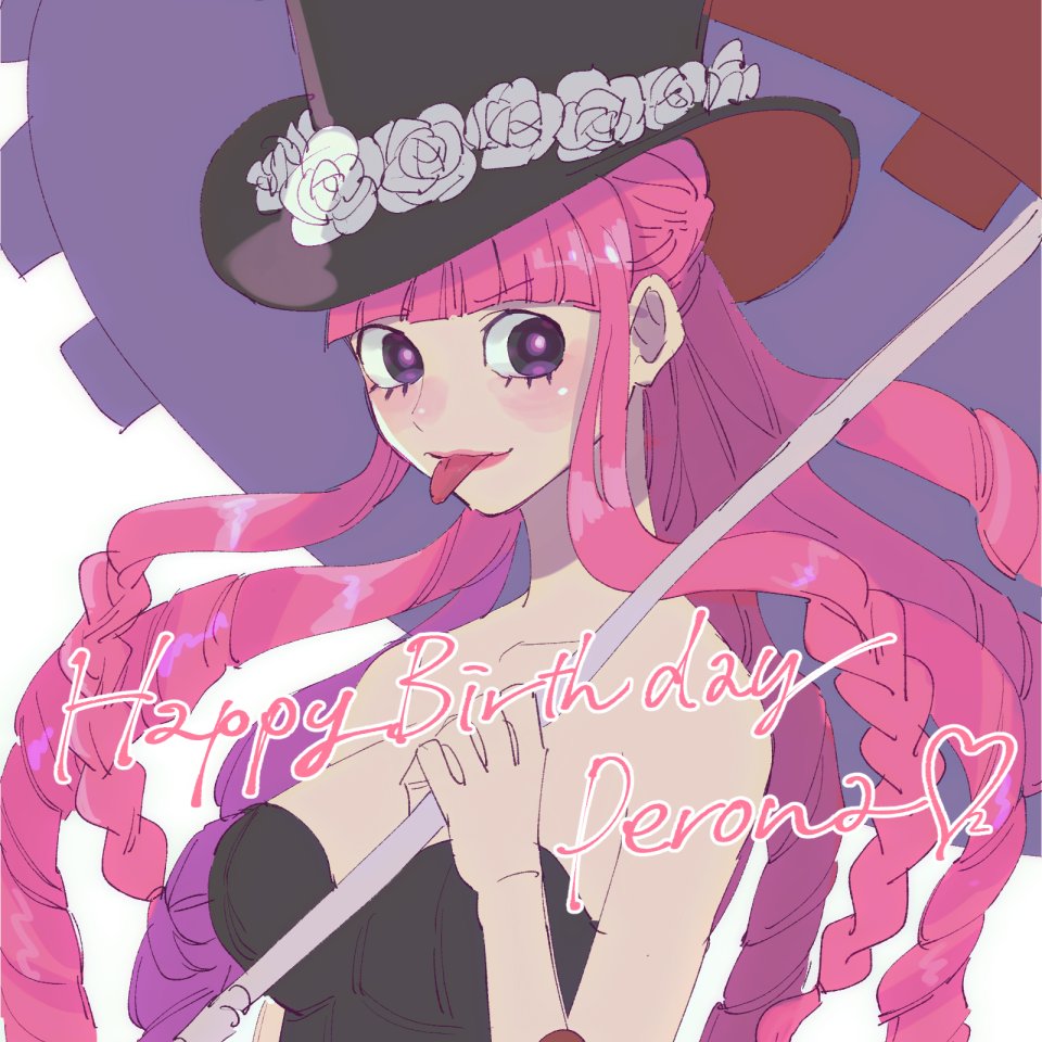 1girl blunt_bangs braid character_name commentary_request dress drill_hair eyelashes flower happy_birthday hat heart holding holding_umbrella long_hair looking_to_the_side nicoliarts one_piece perona pink_hair rose sidelocks simple_background solo strapless strapless_dress tongue tongue_out top_hat umbrella white_background white_flower white_rose