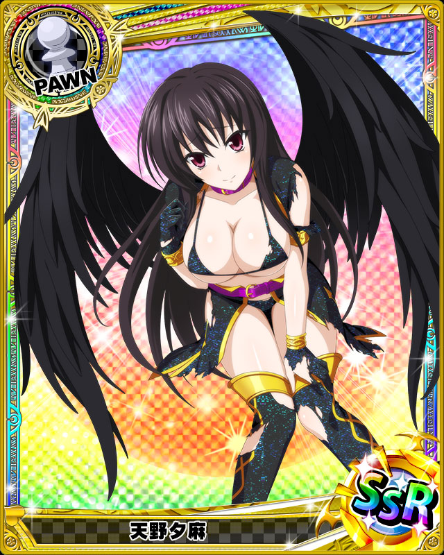 1girl bikini bikini_under_clothes black_bikini black_gloves black_hair black_legwear black_wings blush breasts card_(medium) character_name chess_piece cleavage gloves high_school_dxd large_breasts leaning_forward long_hair looking_at_viewer official_art pawn pink_eyes purple_belt purple_collar raynare smile solo swimsuit thigh_gap thighhighs torn_bikini torn_clothes trading_card underboob wings