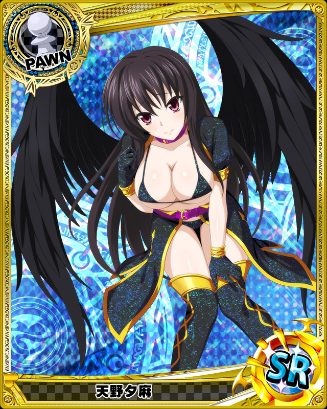 1girl bikini bikini_under_clothes black_bikini black_gloves black_hair black_legwear black_wings blush breasts card_(medium) character_name chess_piece cleavage gloves high_school_dxd large_breasts leaning_forward long_hair looking_at_viewer official_art pawn pink_eyes purple_belt purple_collar raynare smile solo swimsuit thigh_gap thighhighs trading_card underboob wings