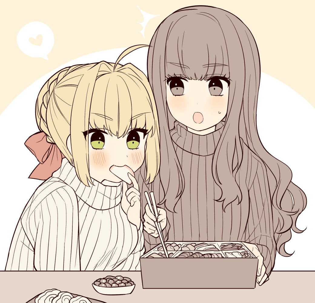2girls ahoge bento blonde_hair blush braid breasts brown_eyes chopsticks commentary fate/extra fate/extra_ccc fate_(series) flat_color food food_in_mouth green_eyes grey_sweater hair_intakes hair_ribbon hand_up heart holding holding_chopsticks holding_food karokuchitose kishinami_hakuno_(female) long_hair long_sleeves medium_breasts multiple_girls nero_claudius_(fate) nero_claudius_(fate/extra) open_mouth red_ribbon ribbed_sweater ribbon sidelocks speech_bubble spoken_heart sweatdrop sweater white_sweater