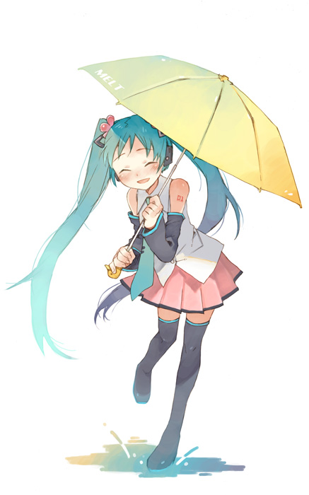 ^_^ adapted_costume aqua_hair aqua_neckwear arm_tattoo bangs bare_shoulders black_footwear blush boots closed_eyes collared_shirt detached_sleeves facing_viewer full_body hair_ornament happy hatsune_miku headphones holding holding_umbrella leaning_to_the_side long_hair melt_(vocaloid) miniskirt necktie pink_skirt pleated_skirt puddle shirt simple_background skirt solo standing standing_on_one_leg tattoo thighhighs tobi_(daidaikukan) twintails umbrella very_long_hair vocaloid white_background white_shirt zettai_ryouiki