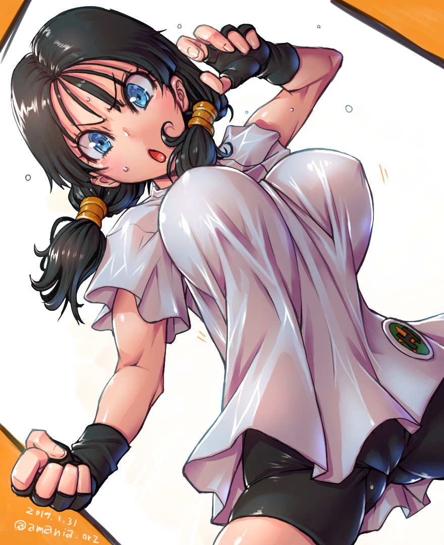 1girl :o amania_orz bangs bike_shorts black_gloves black_hair black_shorts blue_eyes bouncing_breasts breasts dated dragon_ball dragonball_z dutch_angle erect_nipples eyebrows_visible_through_hair fighting_stance fingerless_gloves gloves impossible_clothes impossible_shirt large_breasts long_hair no_bra shirt shorts signature skin_tight solo sweatdrop t-shirt twintails twitter_username unaligned_breasts videl white_background white_shirt