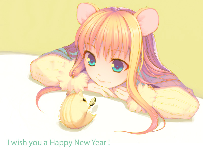 animal_ears blue_eyes copyright_request cruccu long_hair mouse_ears new_year orange_hair solo