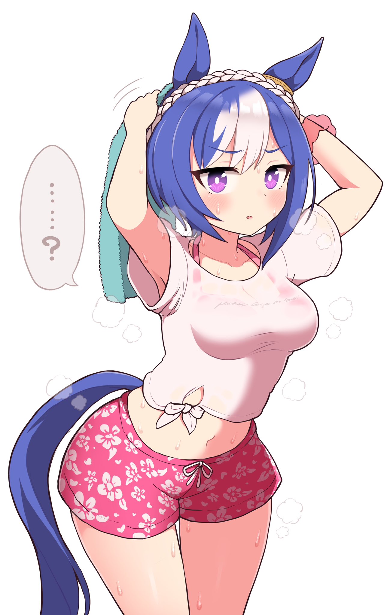 ... ...? 1girl ? animal_ears armpits arms_up blue_hair braid breasts cesario_(umamusume) commentary_request cowboy_shot crown_braid ear_ornament floral_print gaze_on_me!_outfit_(umamusume) hair_between_eyes highres holding holding_towel horse_ears horse_girl horse_tail looking_at_viewer medium_breasts multicolored_hair pink_shorts purple_eyes see-through shirt short_hair short_sleeves shorts simoyuki simple_background solo spoken_ellipsis spoken_question_mark streaked_hair sweat tail towel umamusume white_background white_hair white_shirt wiping_sweat