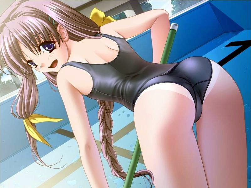 ass bent_over blue_eyes braid brown_hair cleaning_brush day dutch_angle empty_pool from_behind game_cg hiiro_yuki jpeg_artifacts looking_at_viewer looking_back nanashima_matsuri one-piece_swimsuit one-piece_tan open_mouth outdoors pool ribbon solo swimsuit tan tanline thigh_gap yuuguu_settai