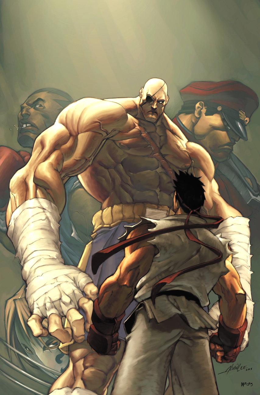 5boys abs alvin_lee angry armor balrog bandage bangs black_eyes black_hair blue_eyes brown_background brown_hair capcom claw_(weapon) clenched_hands clenched_teeth cowboy_shot dark_skin dated dougi eye_contact eyepatch fingerless_gloves from_behind frown gloves gym_shorts hat headband highres japanese_clothes light_brown_hair lips looking_at_another looking_at_viewer looking_away looking_down looking_up m_bison male_focus mask mike_bison military military_uniform missing_tooth multiple_boys muscle no_pupils parted_bangs pauldrons peaked_cap ryu ryuu_(street_fighter) sagat saliva scar shirtless short_hair shorts signature simple_background size_difference sleeveless spiked_hair standing street_fighter teeth torn_clothes turtleneck udon udon_entertainment uniform vega veins weapon white_eyes