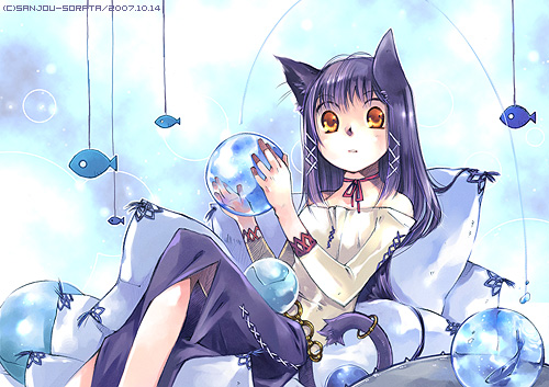 animal_ears artist_name bangs bare_shoulders breasts cat_ears cat_girl chain choker cushion dated fish fish_tank glass hair_ribbon holding jewelry knee_up leaning_back long_hair long_sleeves looking_at_viewer lowres off-shoulder_shirt off_shoulder original parted_lips pillow purple_hair purple_skirt ribbon ribbon_choker ring sanjou_sorata shirt side_slit sidelocks sitting skirt solo sphere string surprised tail_ring toy tress_ribbon water yellow_eyes