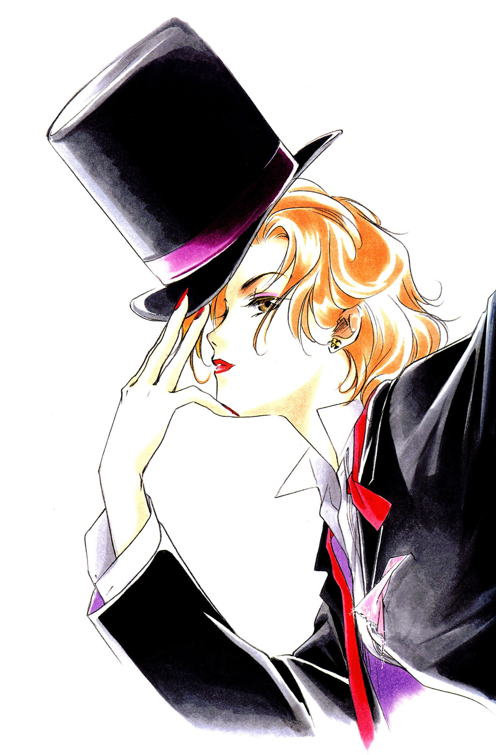 arm_up earrings fingernails hand_on_headwear handkerchief hat highres jewelry kakinouchi_narumi lipstick makeup nail_polish orange_hair red_nails short_hair solo top_hat tuxedo undone_necktie untied white_background yakushiji_ryouko yakushiji_ryouko_no_kaiki_jikenbo