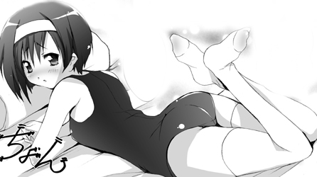 ass bed blush ef feet greyscale hairband kashi legs looking_back lowres lying monochrome one-piece_swimsuit school_swimsuit shindou_kei short_hair solo swimsuit thighhighs