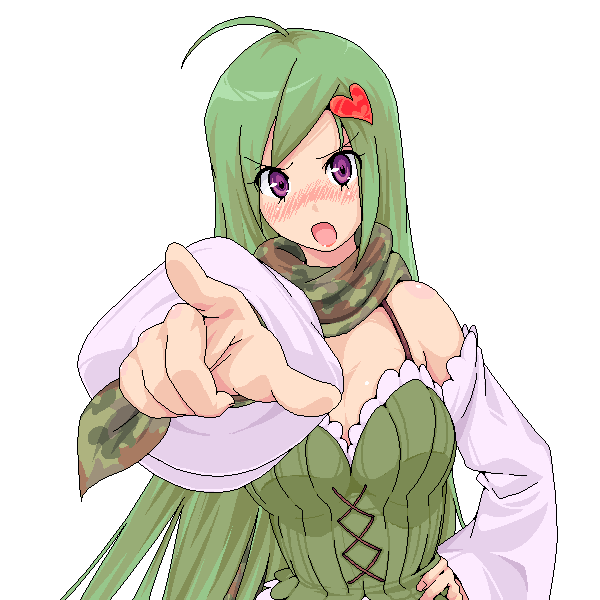 ahoge amami_amayu annoyed bare_shoulders blush detached_sleeves green_hair heart long_hair open_mouth pointing purple_eyes ragnarok_online ranger ranger_(ragnarok_online) simple_background solo white_background