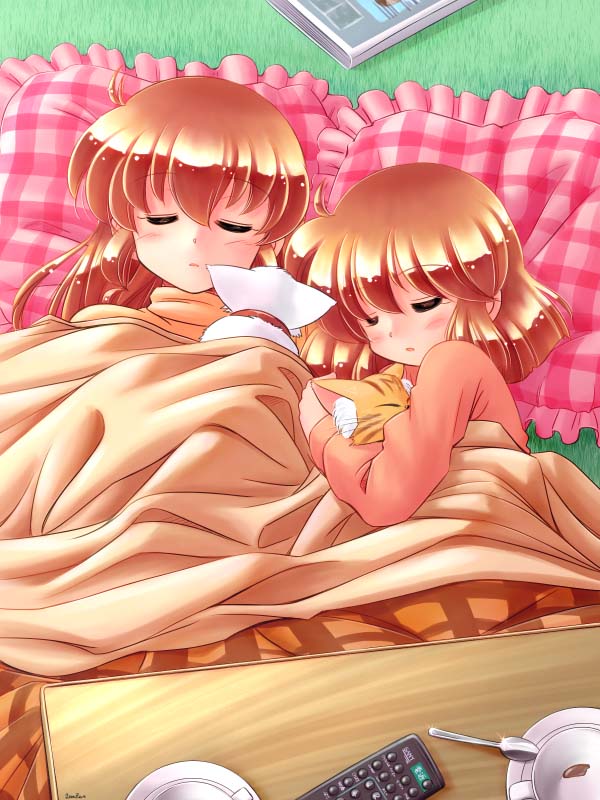 cat controller frilled_pillow frills kotatsu multiple_girls original pillow remote_control siblings sisters sleeping spoon table zan_nekotama