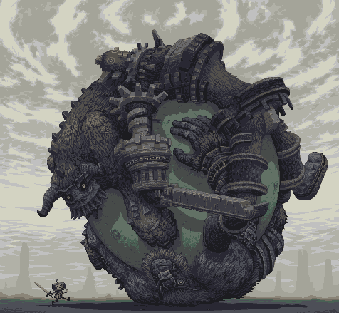 colossus crossover epic gaius katamari_damacy lowres no_humans oekaki parody pixel_art quadratus shadow_of_the_colossus simon_stafsnes_andersen sword weapon