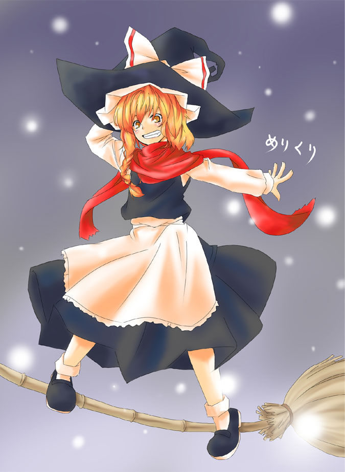 blonde_hair bow braid broom broom_riding broom_surfing hat kinsenka kirisame_marisa long_hair perfect_cherry_blossom red_scarf scarf smile snowing solo touhou witch_hat yellow_eyes