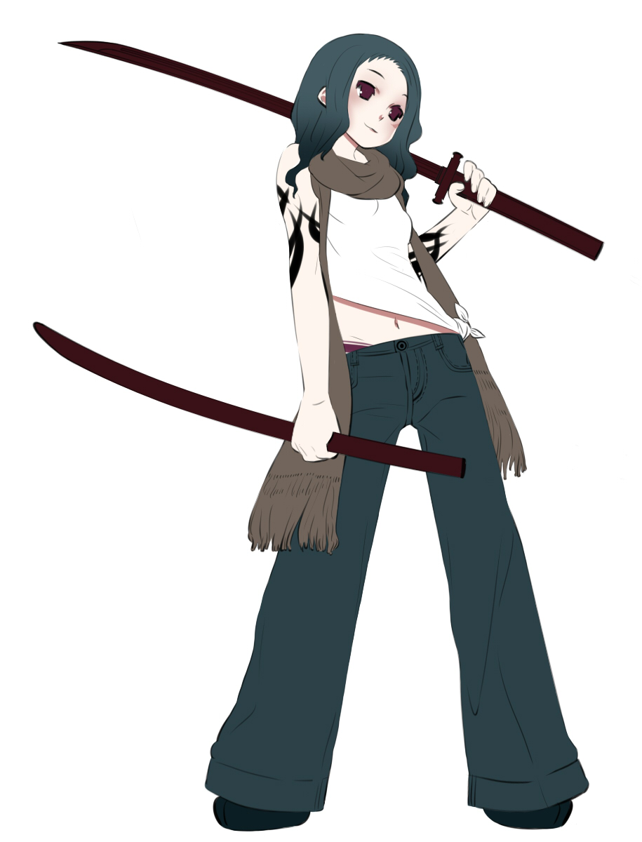 green_hair hamamo highres midriff original red_eyes scabbard scarf sheath solo sword tattoo weapon