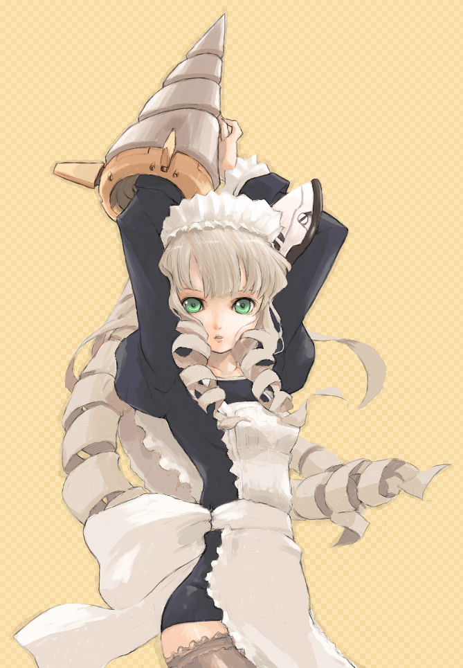 apron arms_up bangs breasts brown_legwear cowboy_shot dress drill drill_hair empty_eyes green_eyes grey_hair hair_over_breasts juliet_sleeves long_hair long_sleeves looking_at_viewer maid maid_apron maid_headdress original parted_lips pota_(nabrinko) puffy_sleeves short_dress sidelocks small_breasts solo thighhighs tight very_long_hair white_apron yellow_background
