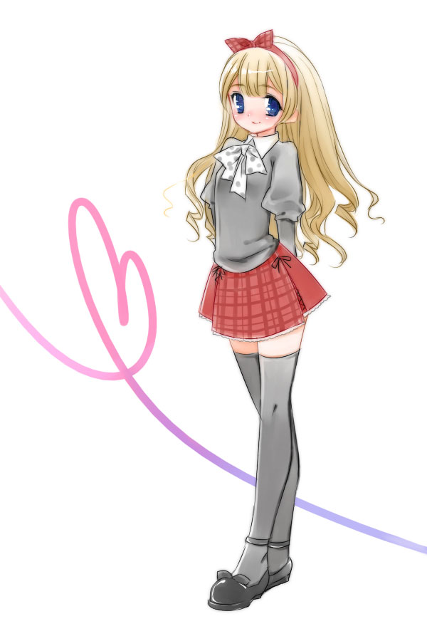 arms_behind_back bangs black_footwear black_legwear blonde_hair blue_eyes bow bowtie full_body hair_ribbon hairband heart juliet_sleeves legs_together long_hair long_sleeves looking_at_viewer maitou original puffy_sleeves ribbon shoe_bow shoes skirt smile solo standing thighhighs white_background zettai_ryouiki