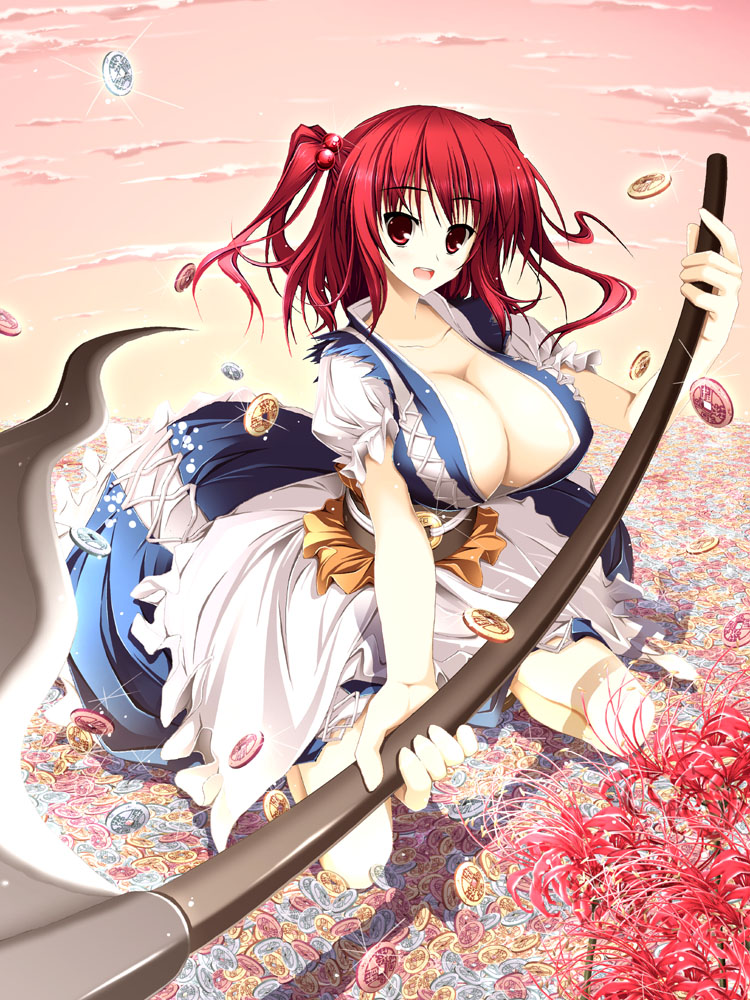 ashermes bad_id bad_pixiv_id breasts cleavage coin hair_bobbles hair_ornament huge_breasts onozuka_komachi red_eyes red_hair scythe short_hair solo touhou two_side_up