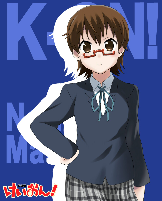 brown_eyes brown_hair character_name copyright_name face glasses hand_on_hip ikari_manatsu k-on! manabe_nodoka plaid plaid_skirt red-framed_eyewear school_uniform semi-rimless_eyewear shadow short_hair simple_background skirt solo under-rim_eyewear