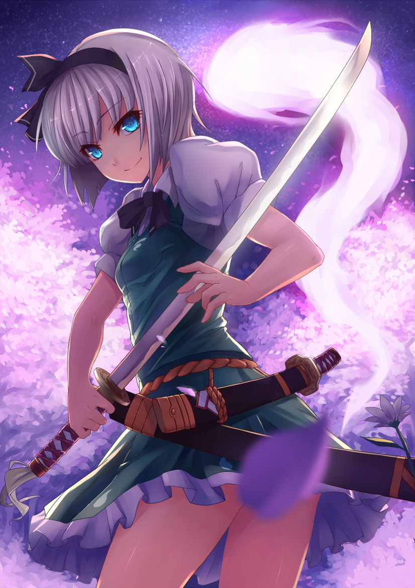 bad_id bad_pixiv_id black_hairband blue_eyes blurry bob_cut censored cherry_blossoms convenient_censoring depth_of_field flower ghost glowing glowing_eyes hairband hands katana konpaku_youmu konpaku_youmu_(ghost) looking_at_viewer looking_back pen_(steelleets) petals purple short_hair silver_hair smile solo sword thighs touhou weapon