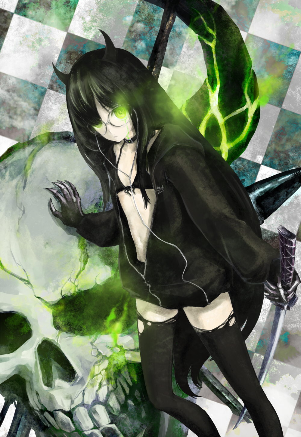 bad_id bad_pixiv_id bikini_top black_devil_girl black_hair black_rock_shooter burning_eye checkered claws collar dutch_angle earphones flat_chest gauntlets glasses green_eyes highres horns jacket katana long_hair midriff navel shanpao shorts skull solo sword tears thighhighs torn_clothes torn_legwear very_long_hair weapon yellow_eyes