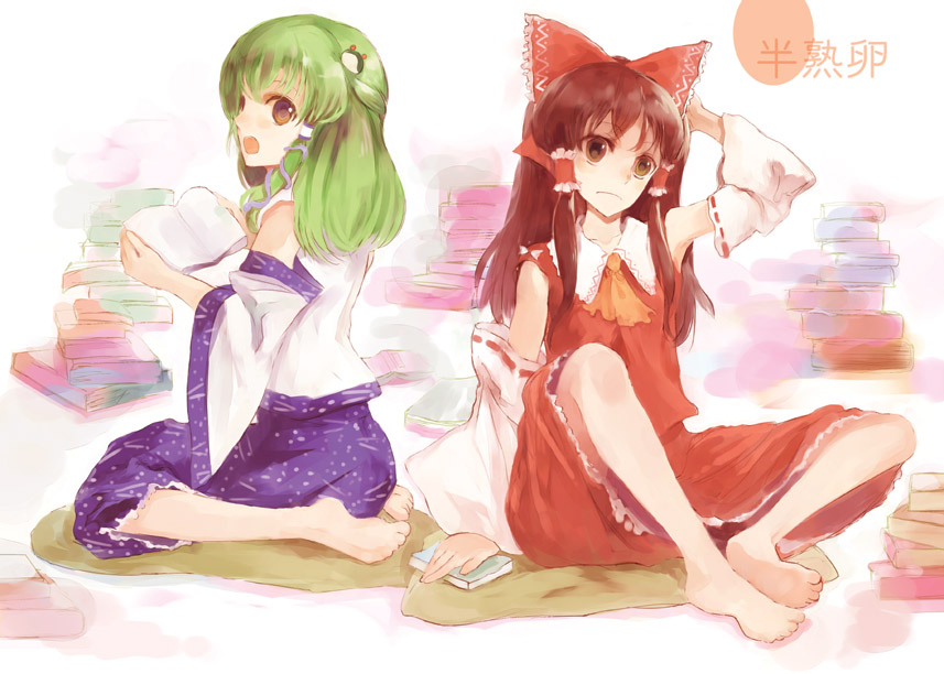 arm_behind_back armpits ascot bare_shoulders barefoot blue_skirt book bow brown_eyes brown_hair detached_sleeves feet frilled_bow frilled_hair_tubes frills frog_hair_ornament full_body green_hair hair_bow hair_ornament hair_tubes hakurei_reimu kochiya_sanae long_hair looking_at_viewer looking_back multiple_girls nokishita open_book open_mouth polka_dot red_bow red_ribbon red_shirt red_skirt ribbon ribbon-trimmed_sleeves ribbon_trim shirt sitting skirt sleeveless sleeveless_shirt snake_hair_ornament touhou wariza white_background white_collar white_sleeves yellow_eyes yellow_neckwear