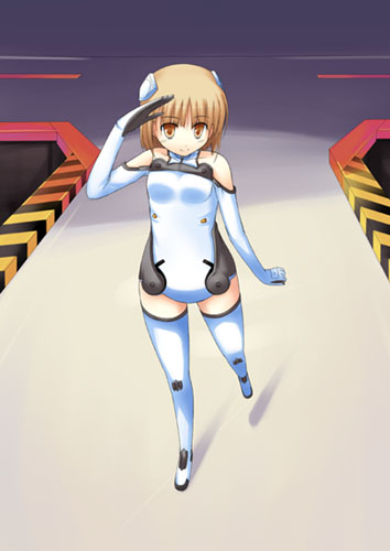 bangs bare_shoulders blush boots breasts brown_eyes elbow_gloves from_above full_body gloves halterneck hand_up headgear leotard light_brown_hair looking_at_viewer lowres maid_koubou motion_slit pilot_suit sakurano_otoha salute short_hair sky_girls small_breasts smile solo thigh_boots thighhighs turtleneck walking white_footwear white_gloves white_legwear white_leotard