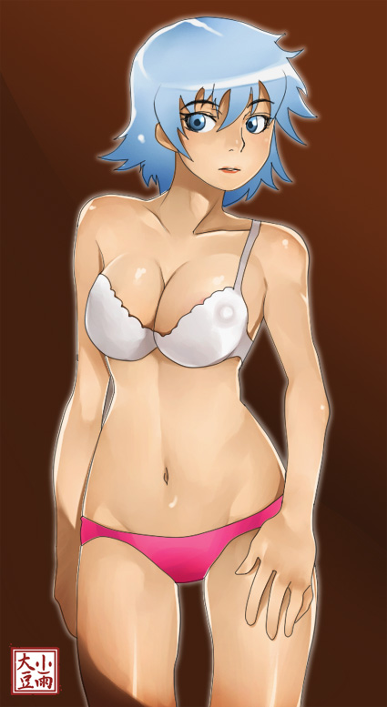 blue_eyes blue_hair bra breasts cleavage kosame_daizu lingerie lips medium_breasts navel original panties pink_panties solo underwear underwear_only