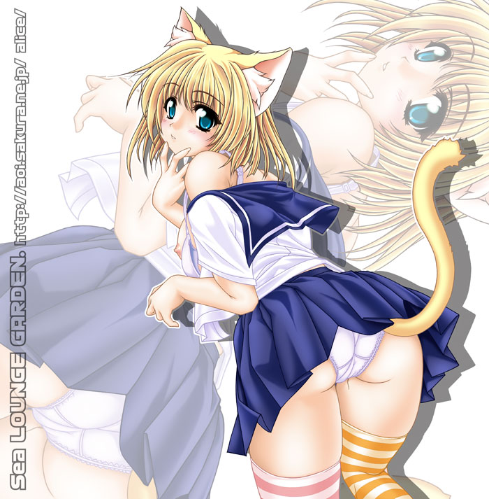 animal_ears artist_request cat_ears copyright_request panties pantyshot skirt solo thighhighs underwear