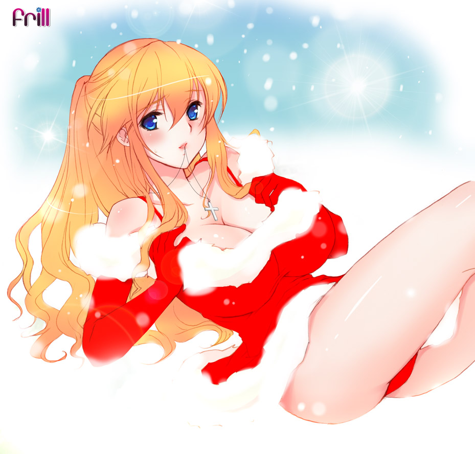 akiyama_cindy blonde_hair blue_eyes blush breast_suppress breasts chikan_sen'you_sharyou christmas cleavage cross dress elbow_gloves gloves gradient_hair jewelry koizumi_amane large_breasts latin_cross long_hair lying mouth_hold multicolored_hair necklace on_back orange_hair panties pantyshot pantyshot_(lying) red_gloves red_panties santa_costume snow snowing solo thighs underwear