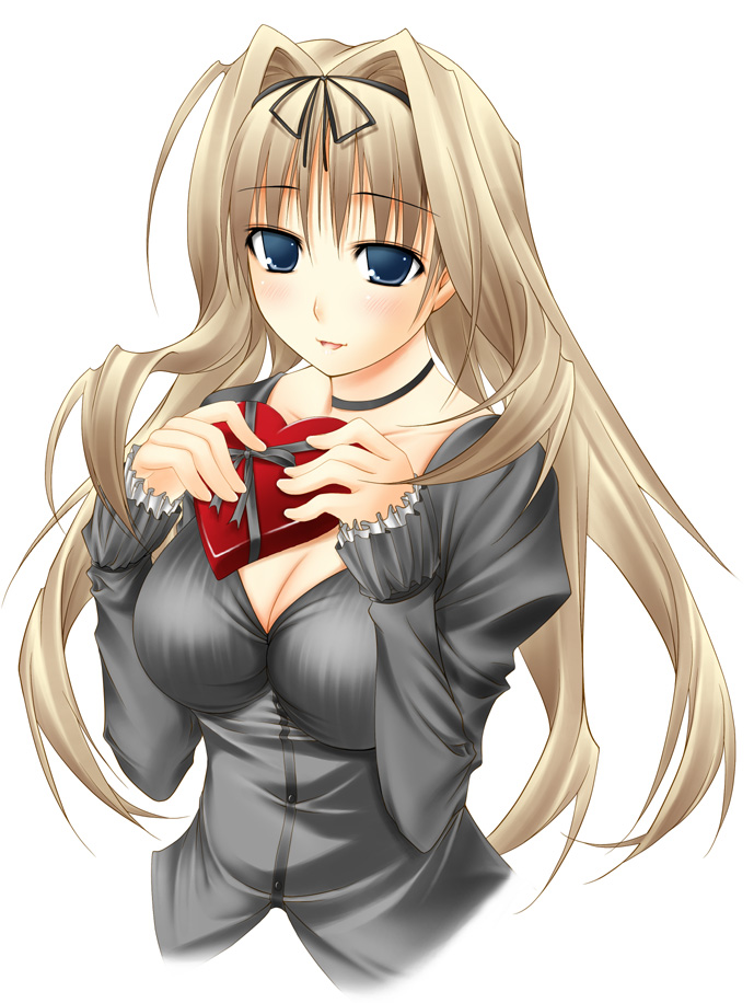 artist_request blonde_hair blue_eyes box breasts brown_eyes cleavage heart-shaped_box kusugawa_sasara large_breasts long_hair solo to_heart_2 valentine
