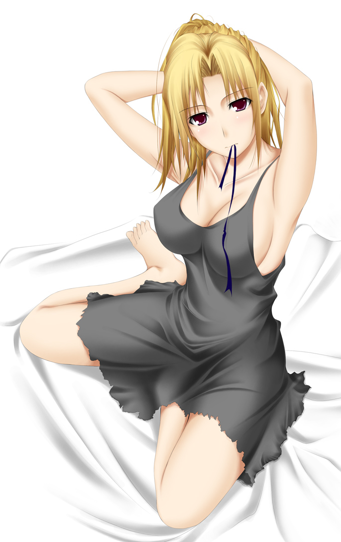 bed big_wednesday blonde_hair breasts cleavage kinugawa_keiko red_eyes ribbon