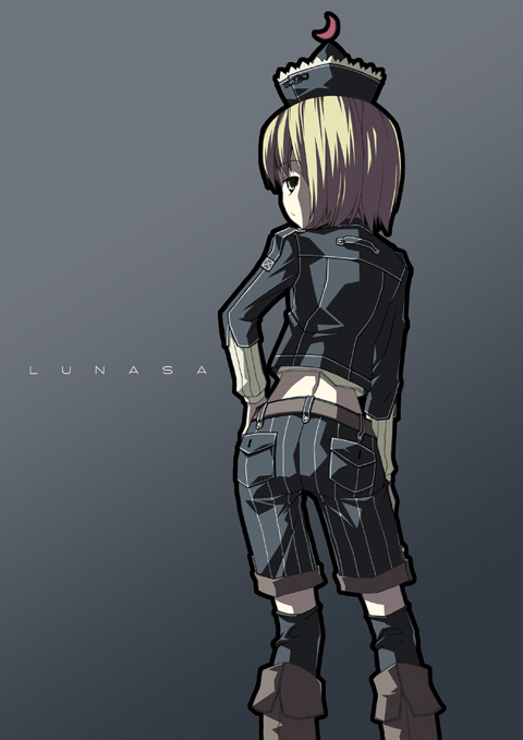 akakage_red alternate_costume blonde_hair casual character_name contemporary from_behind hat looking_at_viewer looking_back lunasa_prismriver midriff short_hair solo touhou