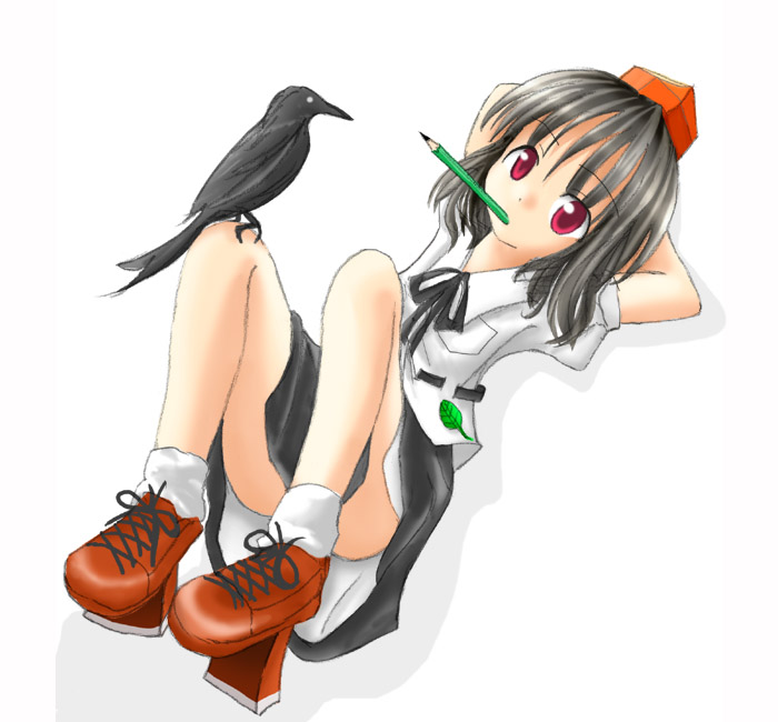 bangs bird bird_on_leg black_hair des geta hat looking_at_viewer mouth_hold pencil shameimaru_aya short_hair solo tengu-geta touhou wooden_pencil