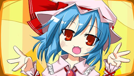 blue_hair bonnet bow hat lucky_star md5_mismatch motteke!_serafuku open_mouth parody pink_hat red_eyes remilia_scarlet ribbon scarlet_(studioscr) short_hair simple_background solo style_parody touhou yellow_background