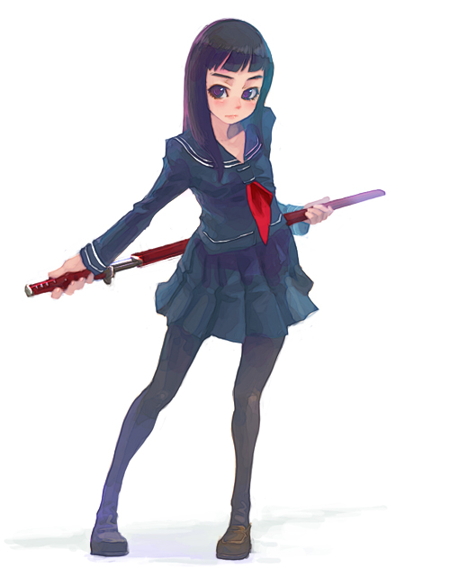 copyright_request katana pantyhose school_uniform simple_background solo sword thighhighs weapon weno