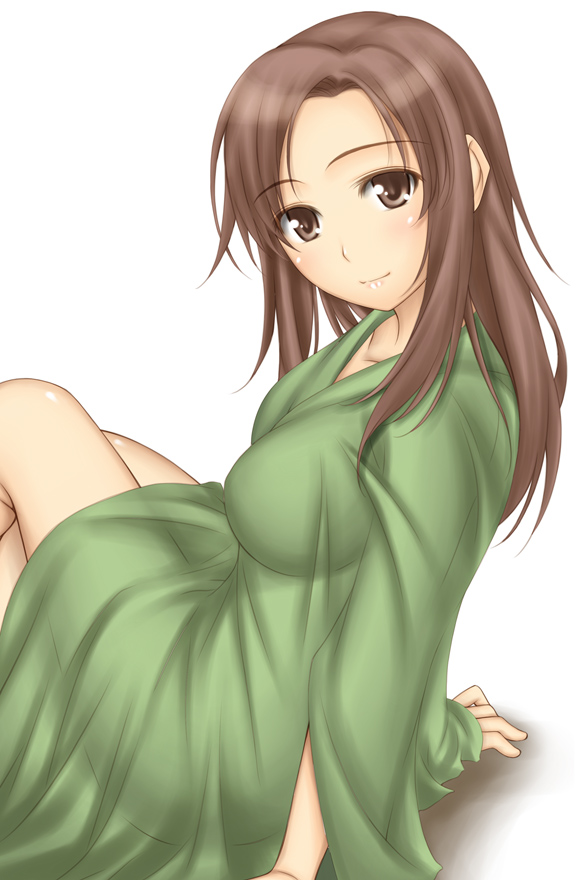 big_wednesday blush breasts brown_eyes brown_hair collarbone forehead kawada_tomoko kimi_kiss large_breasts long_hair robe simple_background smile solo white_background