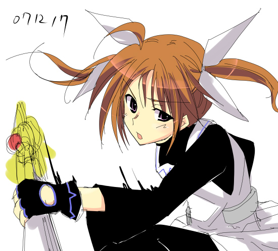 :o apron black_dress blush boshinote dated dress fingerless_gloves gloves hair_ribbon holding holding_weapon looking_at_viewer lyrical_nanoha magical_girl mahou_shoujo_lyrical_nanoha mahou_shoujo_lyrical_nanoha_a's motion_blur no_jacket open_mouth purple_eyes raising_heart red_hair ribbon simple_background solo takamachi_nanoha twintails upper_body weapon white_background