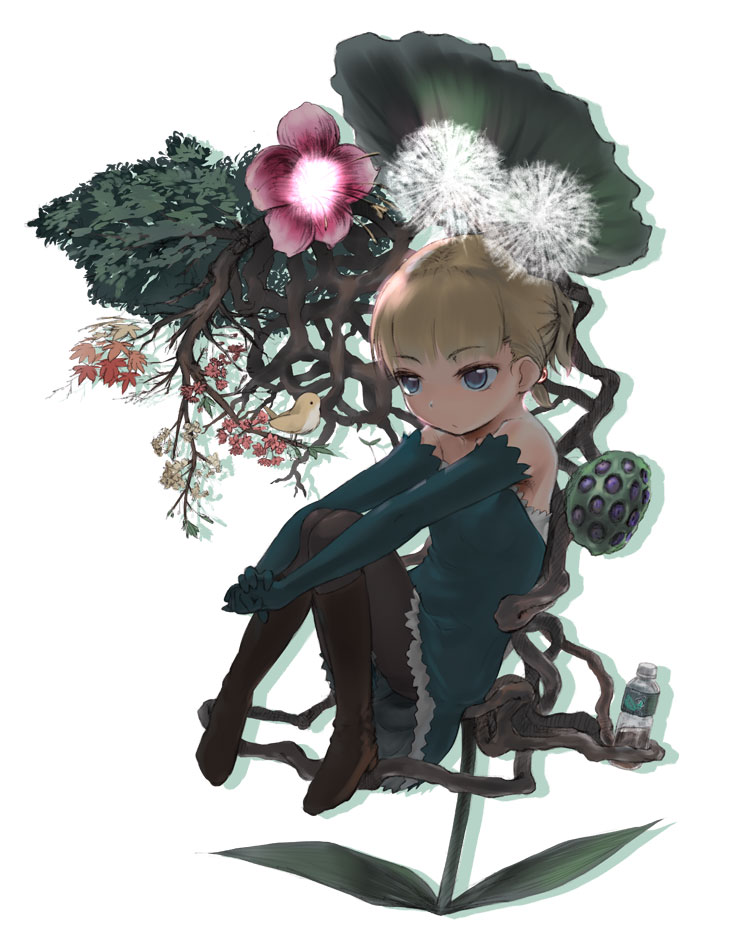 blonde_hair blue_eyes bottle copyright_request elbow_gloves flower gloves negy solo tree