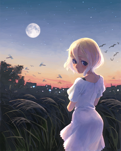 bird blonde_hair bug cityscape dragonfly dress full_moon insect lowres moon original scenery sky solo weno weno's_blonde_original_character