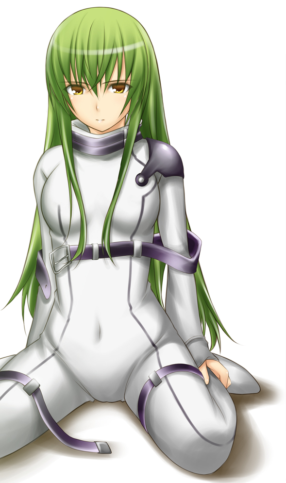 armor bangs big_wednesday bodysuit breasts buckle c.c. code_geass collar green_hair long_hair looking_at_viewer medium_breasts shoulder_pads sidelocks simple_background sitting skin_tight solo spread_legs very_long_hair wariza white_background white_bodysuit yellow_eyes