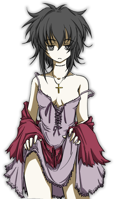 bangs black_hair black_lagoon breasts cleavage collarbone cross cross_necklace empty_eyes hanafusa_itsuki jewelry neck_scar necklace sawyer_the_cleaner scar short_hair simple_background skirt skirt_lift small_breasts solo strap_slip white_background