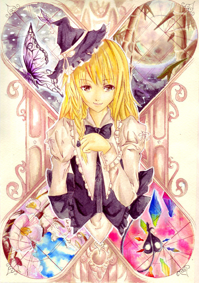 alternate_color bamboo bangs blonde_hair blue_sky bow braid bug butterfly closed_mouth constellation crystal door eyebrows_visible_through_hair flower frills hair_bow hat hat_bow hat_ribbon heart insect juliet_sleeves kirisame_marisa laevatein long_hair long_sleeves looking_at_viewer moon night night_sky puffy_sleeves purple_bow purple_eyes purple_hat ribbon single_braid sky smile snowing solo touhou traditional_media tsurukame upper_body white_bow white_ribbon wings witch_hat