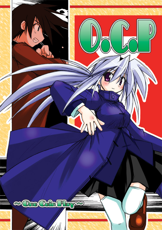 1girl black_hair blue_dress copyright_request dress hair_between_eyes long_sleeves looking_at_viewer one_coin_play red_eyes silver_hair spiked_hair text_focus thighhighs umesato_yukino white_hair