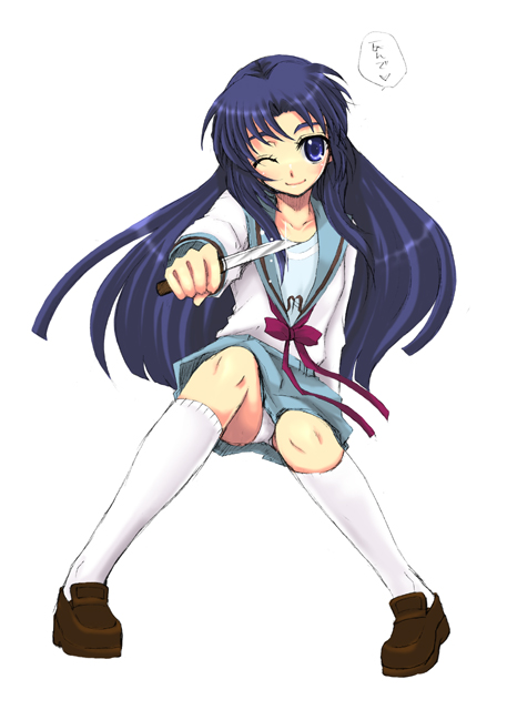 asakura_ryouko blue_sailor_collar blue_skirt kita_high_school_uniform kneehighs knife sailor_collar sakurai_unan school_uniform serafuku skirt socks solo suzumiya_haruhi_no_yuuutsu white_legwear