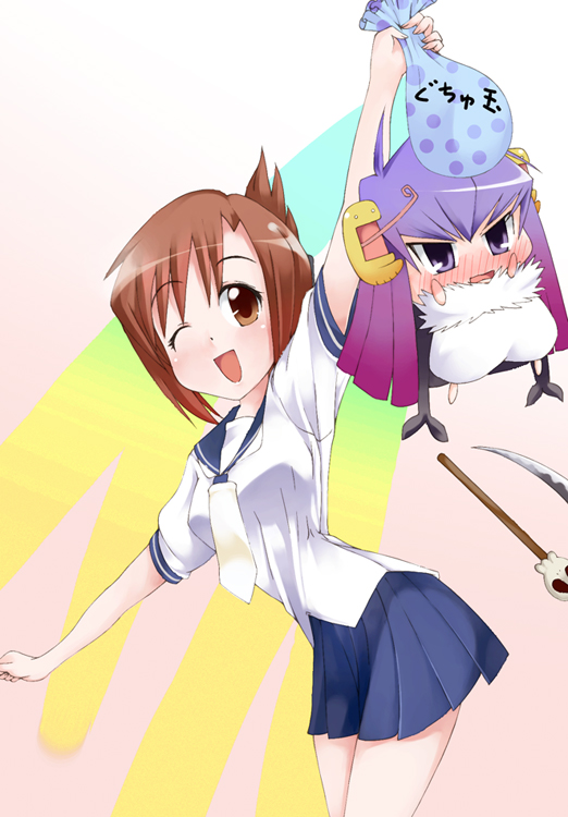 blush brown_eyes brown_hair gradient_hair guchuko misaki_takahiro multicolored_hair multiple_girls one_eye_closed potemayo school_uniform scythe skull takamimori_kyou